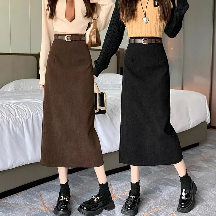 半身裙女中长款秋冬高腰法式复古灯芯绒显瘦遮胯后开叉包臀一步裙