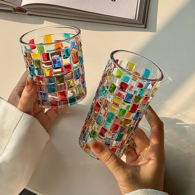 blingbling折射彩虹光中古杯ins手绘方块格子编织玻璃水杯果汁杯