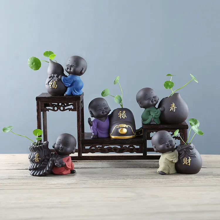 桐顺办公客厅小茶宠紫创意泥彩绘迷你禅意小号五福小和尚花器摆件