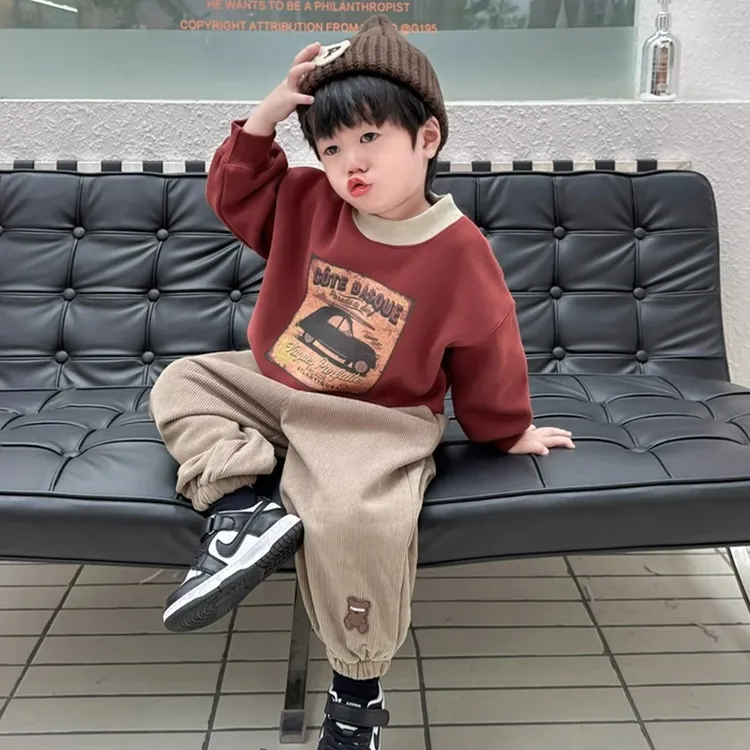 男童卫衣加绒套装冬季新款2024新款儿童圆领加绒上衣宝宝秋冬套装