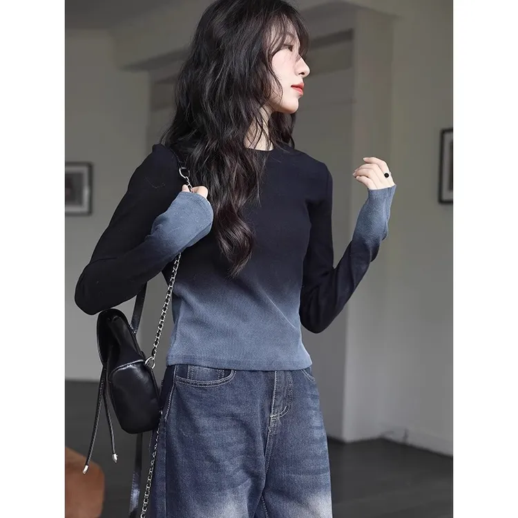 甜酷风渐变色正肩套头长袖t恤女秋冬复古修身短款内搭打底衫上衣