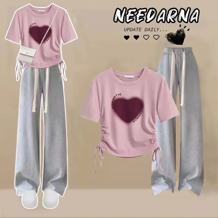 女童夏季韩版12-16岁六年级抽绳印花上衣+休闲阔腿裤学生洋气套装