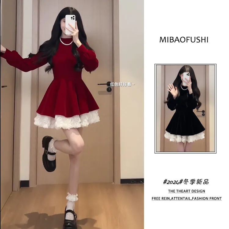 【现货】秋季穿搭一整韩版2025新款气质显瘦红色裙子高级感连衣裙