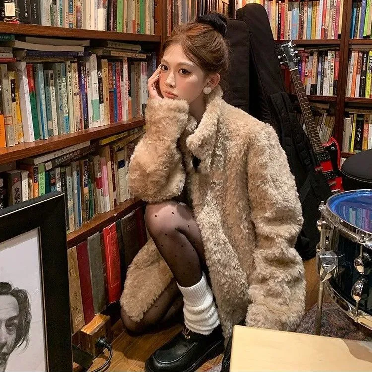 毛毛外套秋冬季新款女高档时尚宽松显瘦上衣加厚加棉立领中款大衣