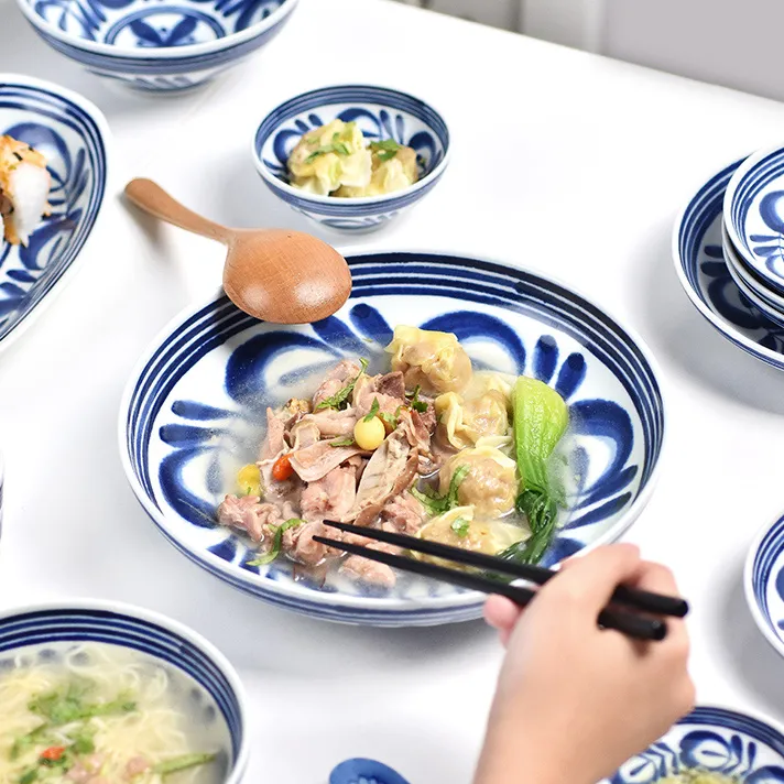 波佐见烧日本进口餐具蓝海草釉下彩高档陶瓷家用碗斗笠碗汤碗大号