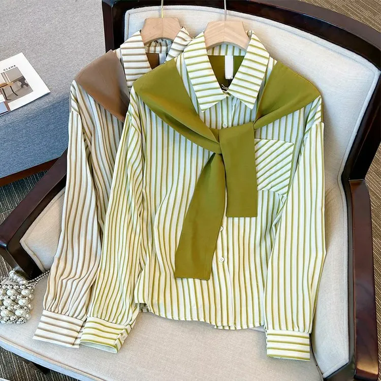 春装新款条纹衬衫女韩版大码显瘦假两件洋气衬衣百搭宽松上衣0120