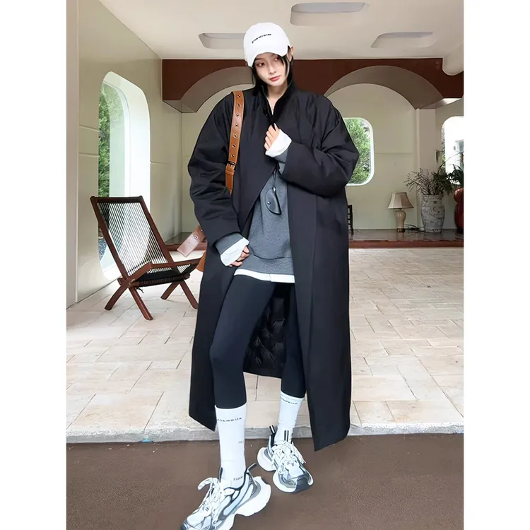 VUMP【高品质】长款羽绒服内胆风衣外套女冬季一粒扣宽松白鸭绒大衣