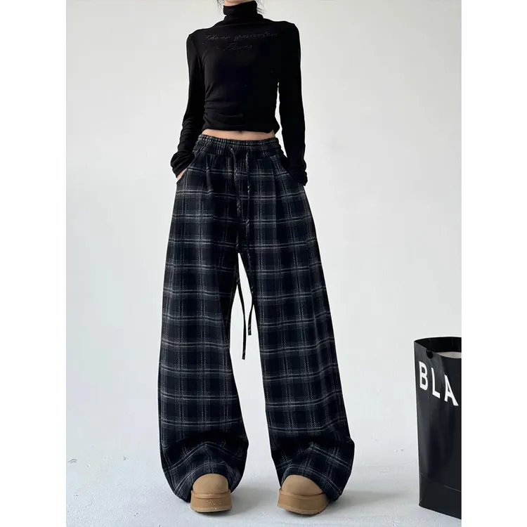 VUMP 格子加绒宽松休闲裤女秋冬高腰百搭垂感拖地奥粒绒阔腿裤子