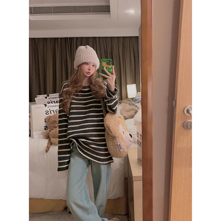 VUMP黑白条纹加厚长袖打底T恤女秋冬韩系宽松保暖慵懒风内搭通勤