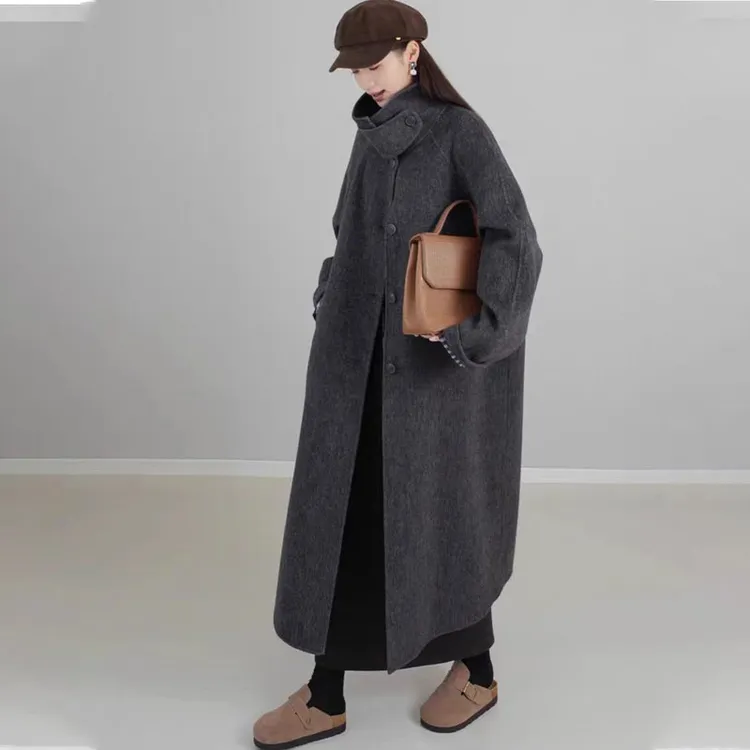 VUMP灰色双面羊绒大衣女中长款秋冬新款韩版宽松慵懒风羊毛呢外套
