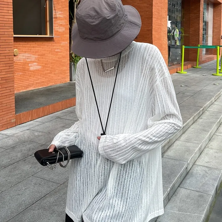 VUMP春夏季 慵懒坑条长袖T恤女宽松透视感空调衫防晒罩衫上衣韩版