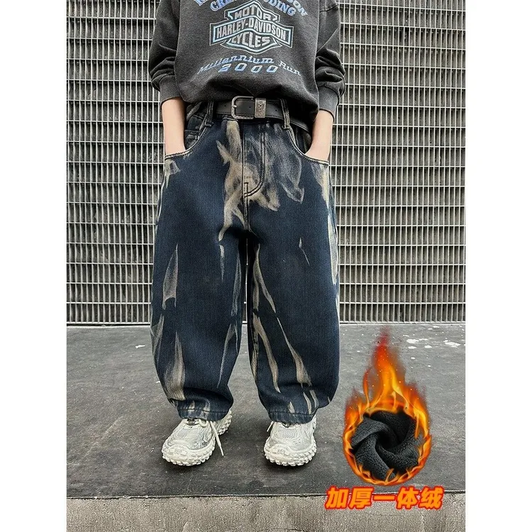 男童加绒裤子秋冬款2025新款中大童冬季男孩加厚儿童扎染牛仔裤潮