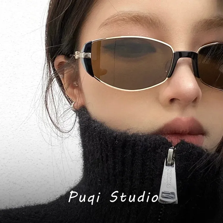 小红书同款复古ins金属猫眼墨镜女款潮茶棕色窄框高级感太阳镜男