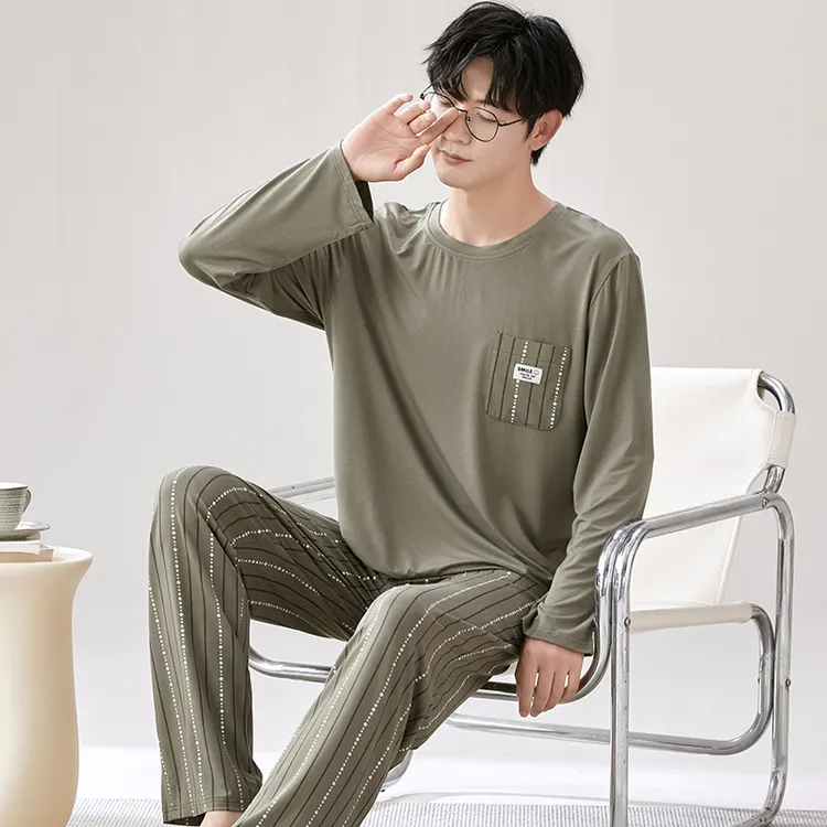 新款男士睡衣莫代尔春秋季长袖长裤大码宽松四季款通用青年家居服
