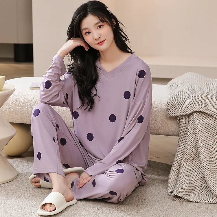 睡衣女士套装春秋季莫代尔长袖长裤宽松加大码四季通用薄款家居服