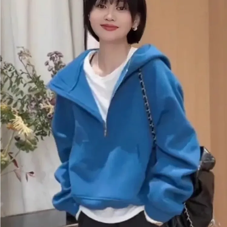 潮流运动休闲半拉链连帽卫衣女秋冬小个子百搭宽松显瘦短款外套