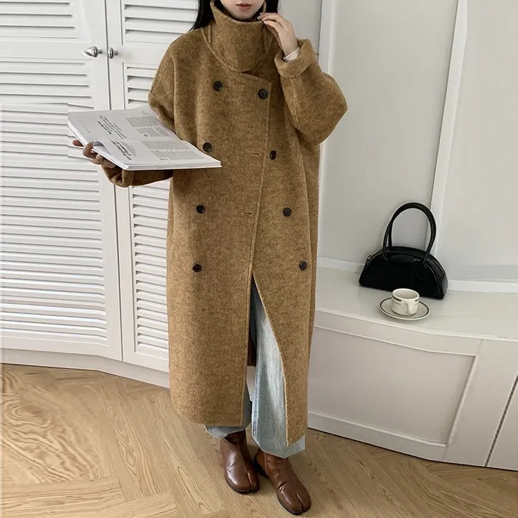2025韩版立领双面呢大衣时尚设计师气质百搭宽松休闲ins羊毛大衣