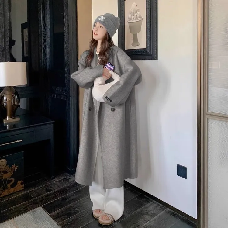 灰色双面毛呢大衣2024秋冬新款韩版宽松中长款爆款过膝呢外套女