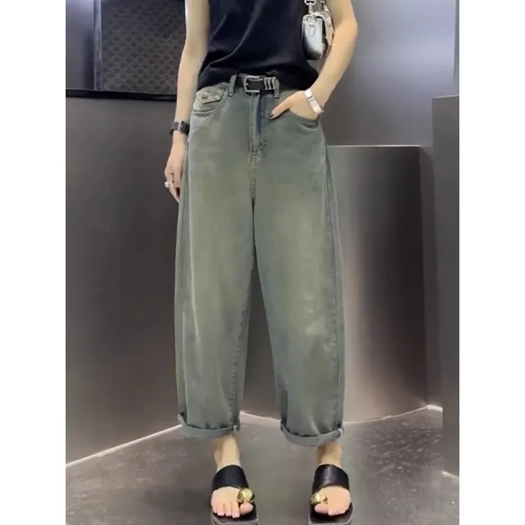 窄版阔腿老爹牛仔裤女2024新款大码夏季薄款八分裤宽松显瘦直筒裤