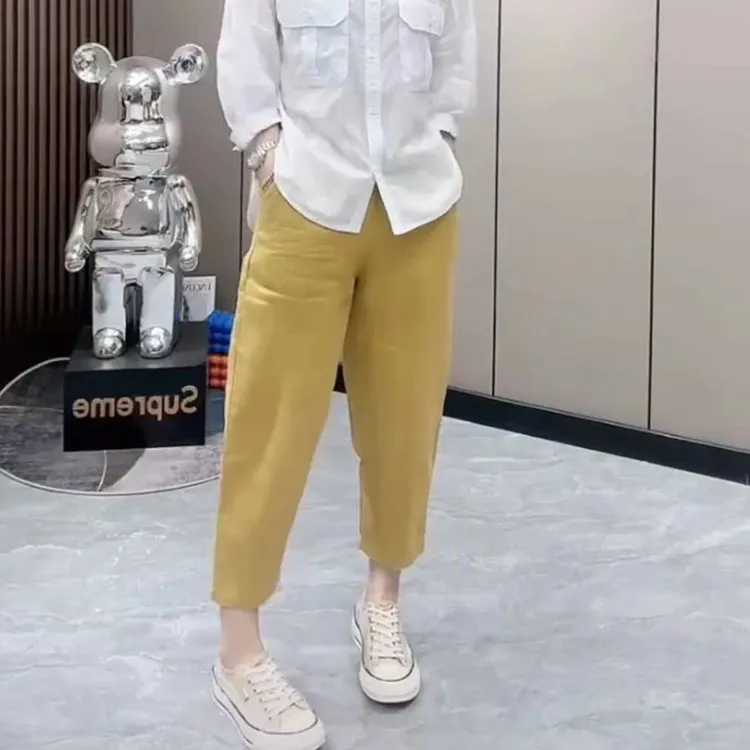 2025年夏季薄款高腰直筒休闲裤女小个子宽松麻棉八分哈伦老爹裤子