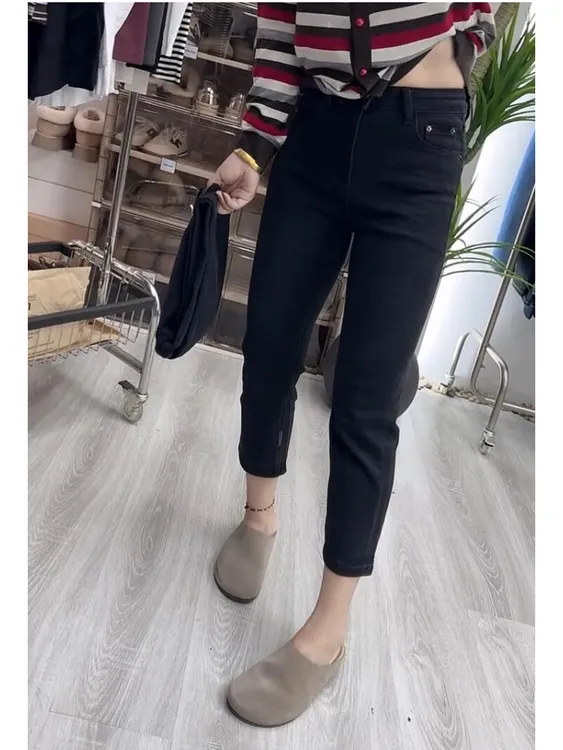 2024秋季新款黑色直筒九分牛仔裤女梨形身材小个子弹力显瘦烟管裤