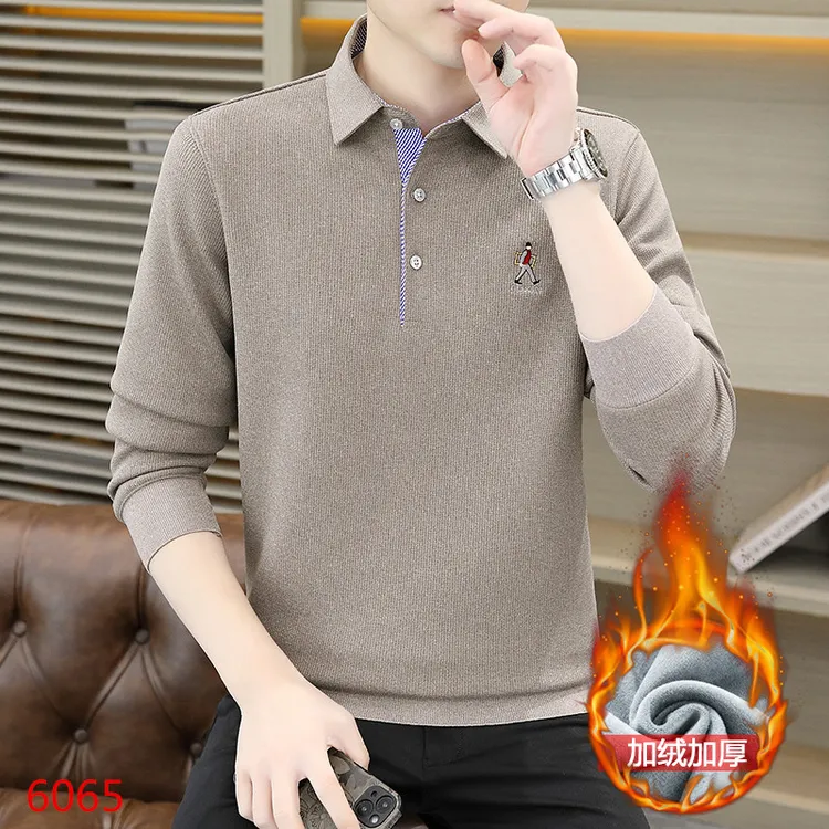 欧米朵衬衫翻领男士保暖内衣商务打底寸衣长袖t恤POLO衫加绒卫衣