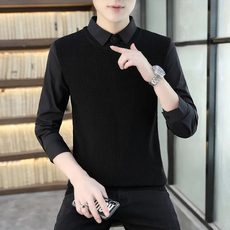 欧米朵假两件针织毛衣男韩版修身纯色衬衫领男装长袖带领外穿秋装