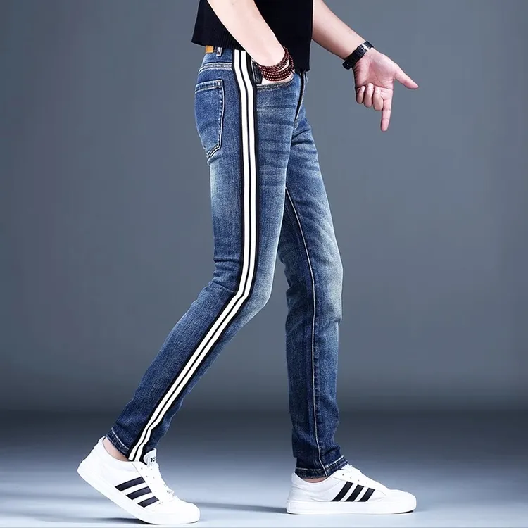 【MR.25】高端蓝色条纹牛仔裤男士潮牌休闲百搭时尚秋季修身小脚裤