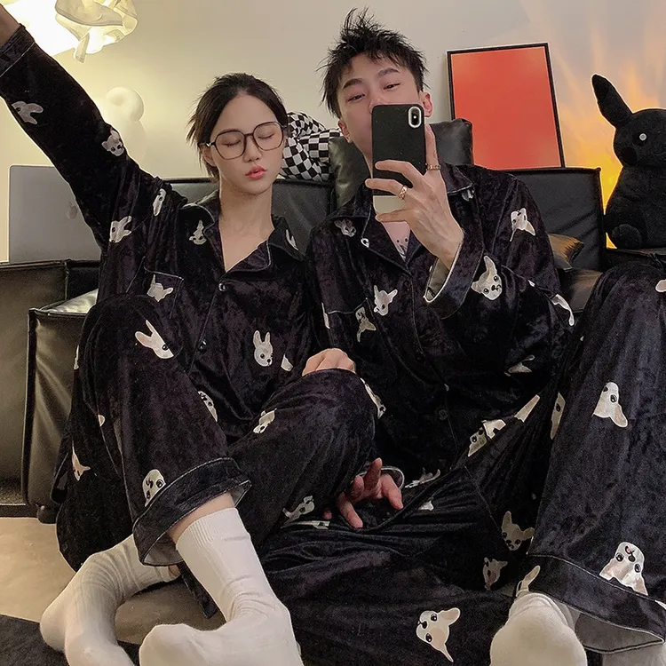 法斗牛犬情侣睡衣春秋季长袖金丝绒时尚休闲高级感男女家居服套装