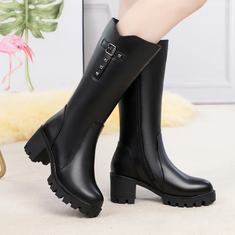 全牛皮女靴加绒真皮绵羊毛中筒靴女粗跟中跟棉鞋棉靴厚底马靴高跟