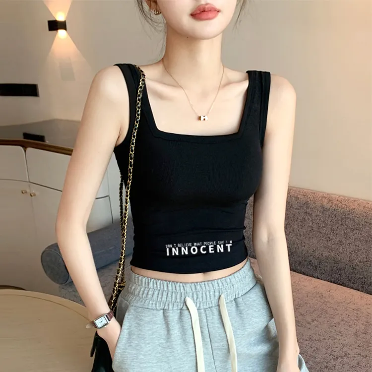 黑色方领短款露脐内搭吊带背心女外穿夏高档美背无袖字母印花上衣
