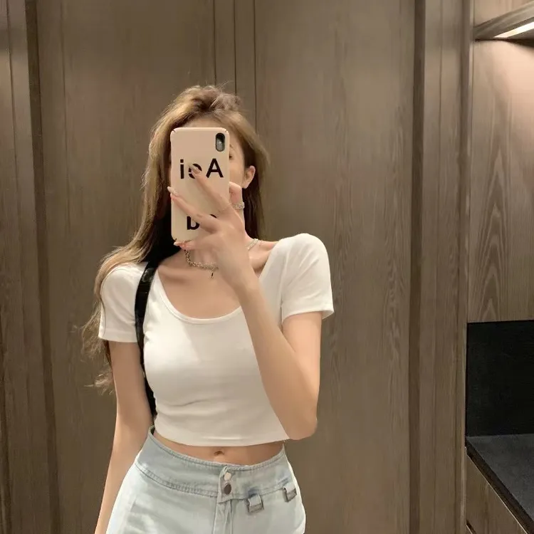 低双U领白色短袖t恤女修身夏季露脐辣妹打底通勤内搭短款白色上衣