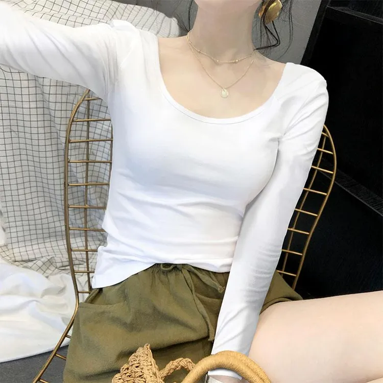 春秋冬低领打底衫女长袖t恤u领露背紧身薄款纯棉百搭白色内搭上衣