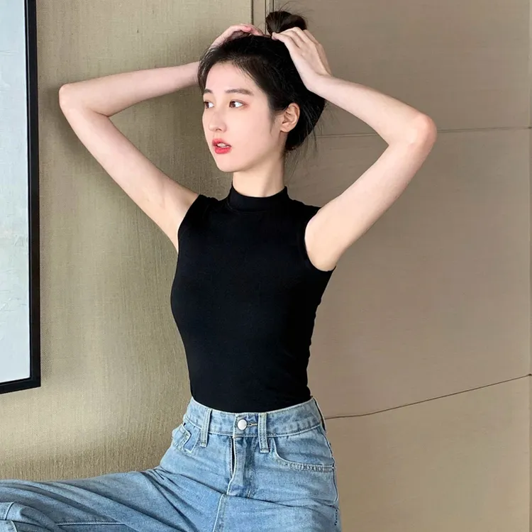 黑色打底背心女2023夏新款外穿修身半高领无袖t恤百搭内搭小吊带