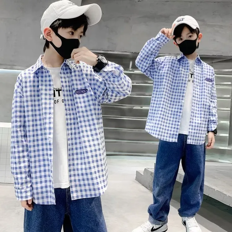 2024新款男童春秋休闲长袖童装韩版春夏中大童洋气防晒条纹衬衣潮