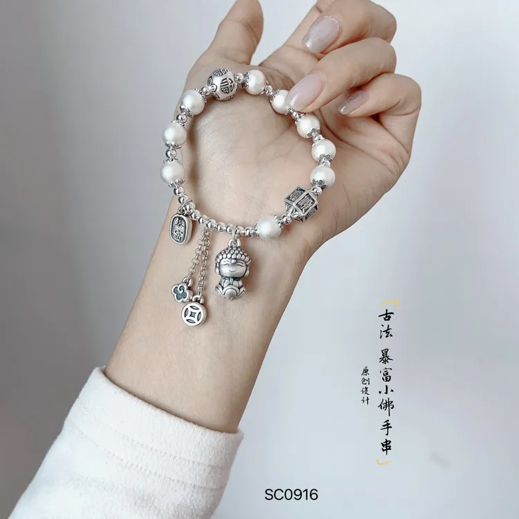 足银手链 原创设计999简约3D古法福顺小佛暴富女手串万事顺心招财