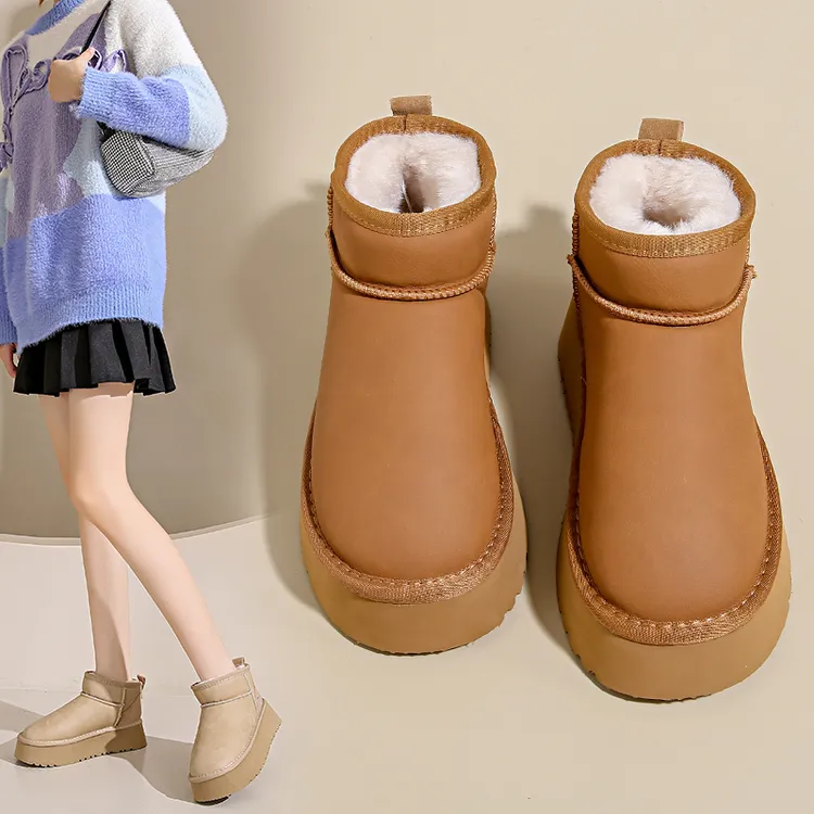真皮短筒东北雪地靴女2025年冬季新款百搭厚底增高防水保暖棉鞋