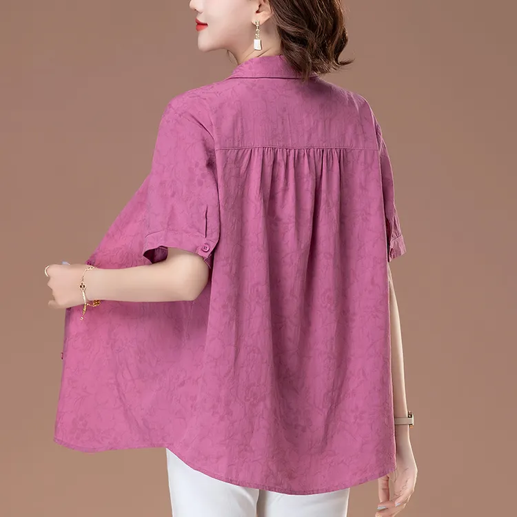 全棉衬衫女夏季大码女装棉麻上衣洋气中老年妈妈气质短袖女士衬衣