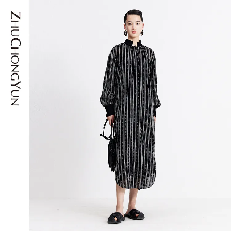 ZHUCHONGYUN重工刺绣叠搭立领设计师连衣裙C1DE31646