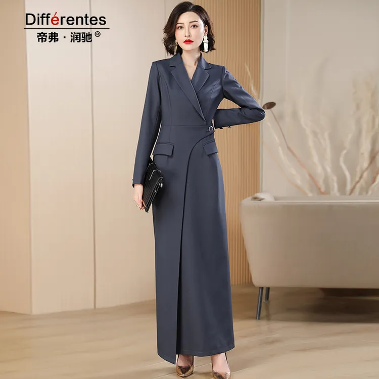 帝弗润驰春秋季新款高级感灰色西装连衣裙高端奢华长裙及踝女