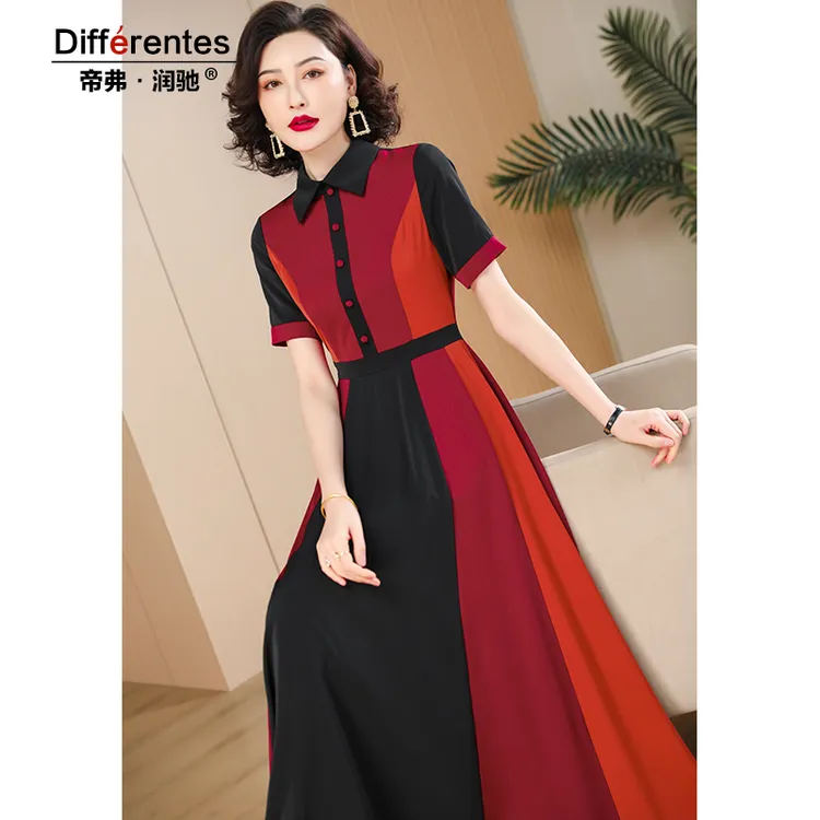 帝弗.润驰SS4303气质显瘦红色收腰拼接短袖长款连衣裙