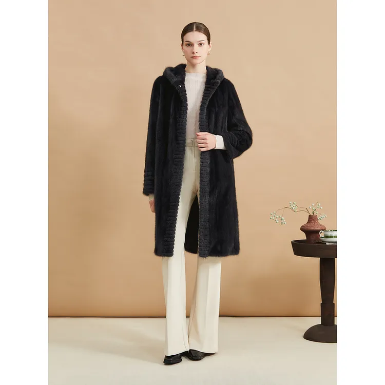 YINER音儿女装冬整貂连帽长款贵气深灰气质皮草外套8C44509016