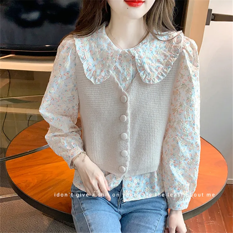 2025秋季新款上档次甜美娃娃领碎花长袖衬衫女款针织马甲早秋套装