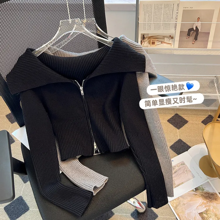 黑色设计感翻领锁骨拉链长袖针织衫女春秋季新款修身显瘦开衫上衣