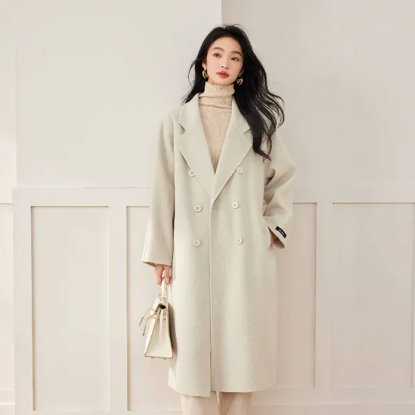 LOERVEERA洛薇拉经典六粒扣双面呢长款女士大衣压边时尚外套24001