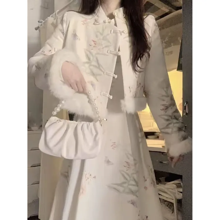 新款气质复古上衣裙子秋冬新法式白色改良旗袍碎花夏季毛边套装