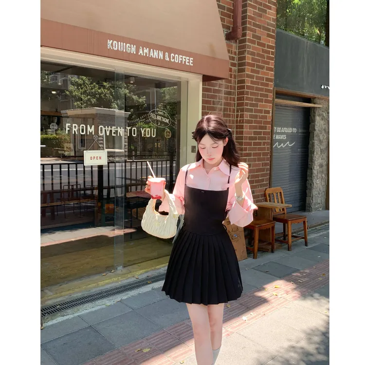 2024秋季新款学院风气质小个子长袖衬衫上衣搭百褶收腰吊带裙女