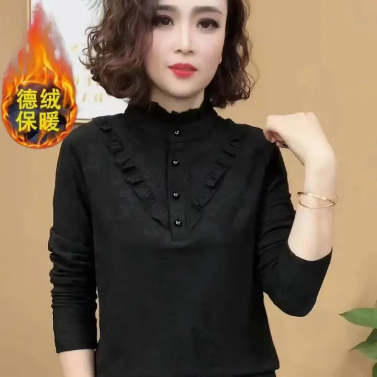 【专柜正品】新款时尚洋气百搭套头长袖打底衫显瘦减龄女士加绒上衣