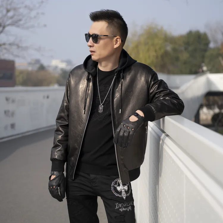 【杰客立欧】金光山羊皮棒球连帽可脱卸鹅绒内胆真皮外套JK-24124-1