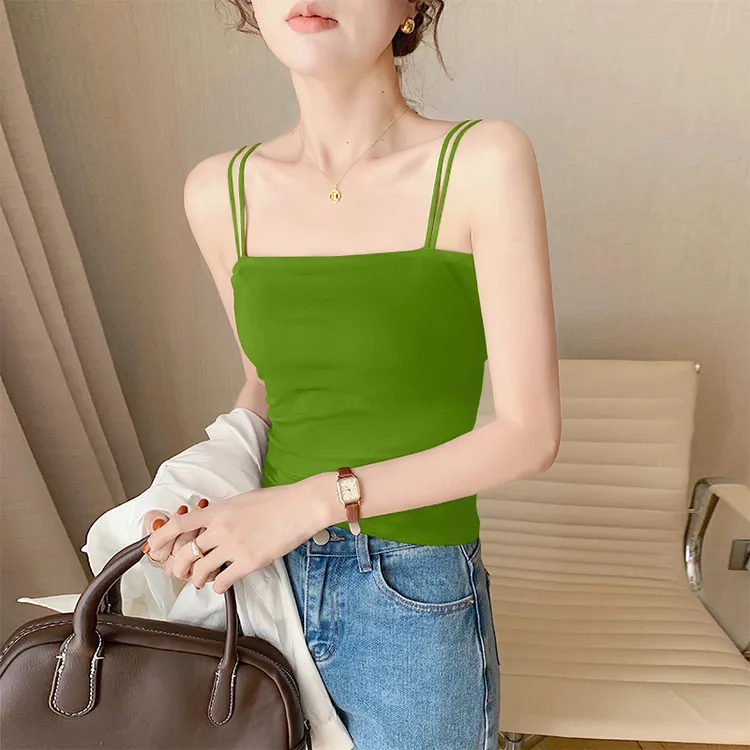 牛油果绿双肩带细带背心女内搭外穿美背一字肩显瘦打底紧身上衣潮